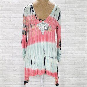 NATURE ART Tunic Boho Tie Dye Stripe Lace Applique Festival Long Sleeve Pink Sm